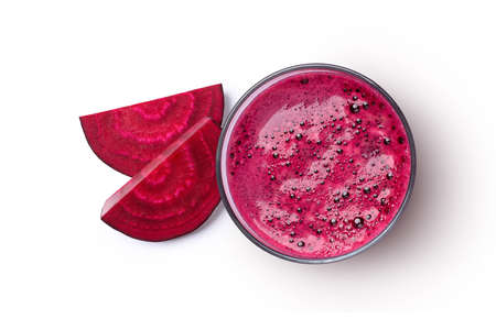 Glass of beetroot smoothie juice with beet root sliced isolated on white background. Top view. Flat lay.の写真素材