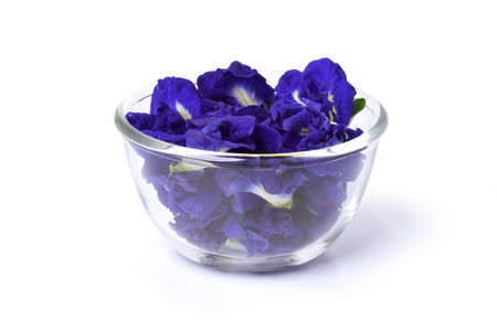 Close up fresh butterfly pea flower or blue pea, bluebellvine ,cordofan pea, clitoria ternatea with green leaf in wooden bowl isolated on white background.の写真素材