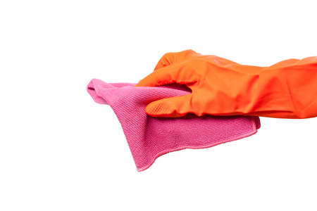 Closeup hand hold pink microfiber cloth for clean and wipe something isolated on white background with clipping path.の写真素材