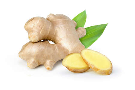 Fresh ginger root with cut slice isolated on white background