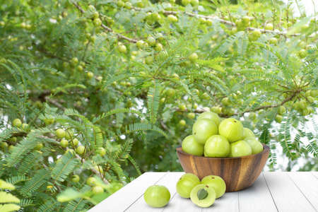 Bowl with fresh green Indian gooseberries on wooden table outdoors. Space for text