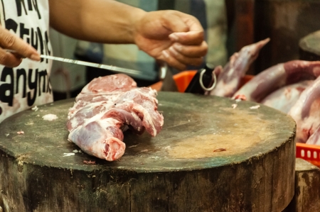 Butcher skinning the meat to be sold in market