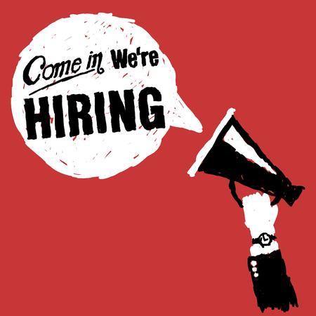 Hand with megaphone with come in we are hiring textのイラスト素材