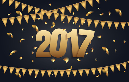 Happy New Year 2017 background with black and gold color, flags garland and confetti. Greeting card design celebration. Vector illustrationのイラスト素材