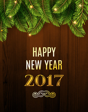 Christmas Greeting Card. Inscription with Christmas and new year 2017 against wooden texture and branches of a New Year's tree Christmas. Vector Illustration.のイラスト素材