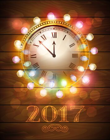 Merry Christmas and Happy new year 2017 gold clock with christmas glowing electric garland decorate. Vector illustrations.のイラスト素材