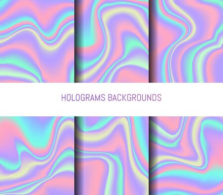 Set of 6 realistic holographic backgrounds in different colors for design. Hologram to create trendy modern design. Backgrounds for design cards, filling silhouettes, pattern design to printing.のイラスト素材