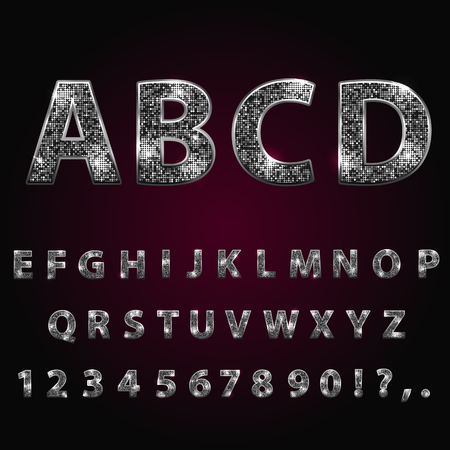 Silver metallic shiny alphabet. Sparkle, glitter, rhinestone alphabet letters numbers and signs currencyのイラスト素材