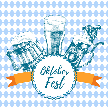 Oktoberfest icon. Drink menu. Vector illustration with beer mug, glass Oktoberfest logo stamp in sketch style for pub.のイラスト素材