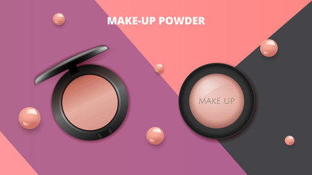 Modern  Premium VIP cosmetic ads, pink 3D cheek blush or make up promotion powder ads, cosmetics package . Make-up foundation for sale. Elegant face powder compact illustration vector designのイラスト素材