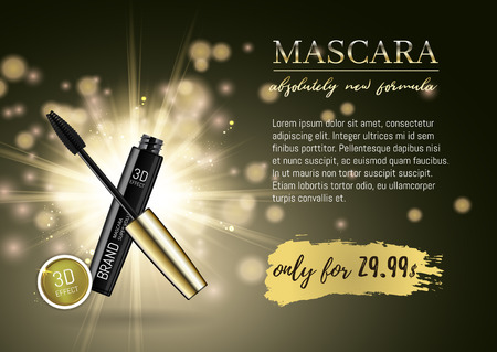 Luxury mascara ads, black and gold package with eyelash applicator brush with mascaras stroke palette on VIP shine glitter background. Vector 3d realistic illustratrion.のイラスト素材