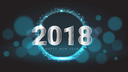 Happy New 2018 Year shiny glowing blue and silver greeting card. Vector illustration. Wallpaper.のイラスト素材