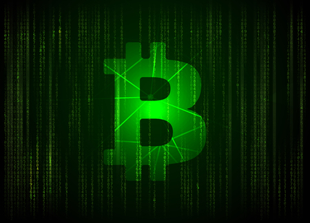 Vector bitcoin digital currency symbol on abstract big data visualization.のイラスト素材