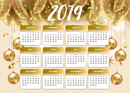 2019 Happy new year design wallpaper with calendar planner. Gold and pink color with Christmas tree celebrate background with golden balls, confetti and stars. Vector stock illustration for January.のイラスト素材