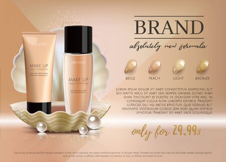Premium VIP cosmetic ads, promotion make-up foundation for sale. Elegant face cream, lotion tube and glass bottle in a shell with shining pearl isolated on glitter background.3D realistic vector のイラスト素材