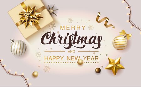 Golden Merry Christmas holiday winter poster pink silver. Festive Xmas decoration gold and gray Christmas balls and gift box with bow, stars, light garland. Vector illustration banner design templateのイラスト素材