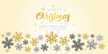 Golden Christmas Snowflake gliiter background. Festive xmas decoration gold shining  bright snowflake, snowflake border. Merry Christmas and Happy New Year Greeting card, holiday banner, web poster  のイラスト素材