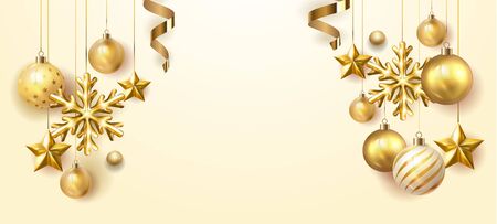 Golden Christmas  balls light white background. Festive xmas decoration gold glass christmas balls and glossy snowflake, stars, hanging on the ribbon. Vector illustration banner design template EPS 10のイラスト素材