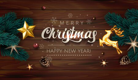 Dark Wooden poster illustration  Background with vector 3d Realistic Christmas Tree Branches, Fir Cones, Gold Stars and christmas deer. Lettering Merry Christmas and Happy New Year with snowflakesのイラスト素材
