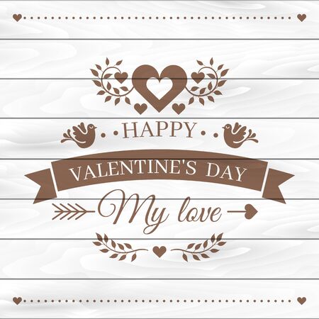 Happy valentines day ornate lettering on the white wooden board. Ornament of hearts and ribbons be my valentine. Love congratulation greeting card or banner. Vector monochrome illustrationのイラスト素材