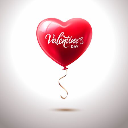 Valentines day greeting card with red heart shape balloon and lettering in white background. Vector illustration of a red gloss 3D heart balloon - Isolated. Vector illustrationのイラスト素材