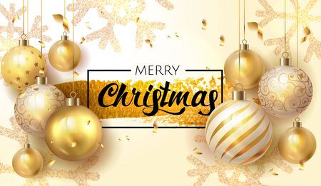 Golden Christmas background, with gold and white christmas balls hangingin light rich background with glitter snowflakes. Merry Christmas Poster with golden christmas decoration elements. Vector のイラスト素材