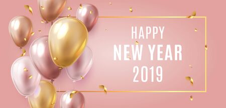 Happy New Year 2019 Celebration. Luxury Gold and Pink foil balloons with confetti in pink background.のイラスト素材