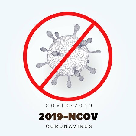 Sign caution COVID-2019. Alert Stop coronavirus. Coronavirus banner white with bacteria, 2019-nCoV. Pandemic medical concept of dangerous with polygonal virus cell mesh and red frame crossing. Vectorの写真素材