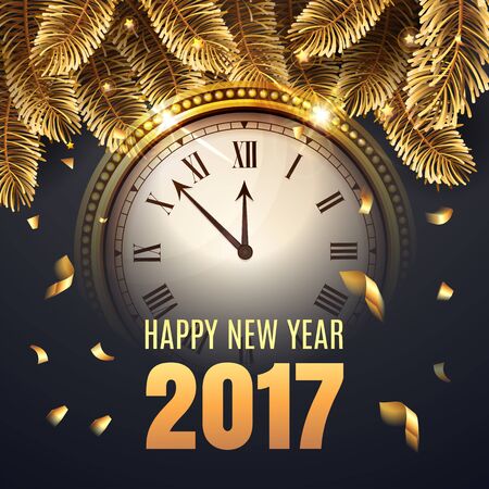 Illustration New Year Midnight 2017 Glowing Background with Clock. Elegant Christmas illustration with gold and black colors and confetti. Rich and luxury congratulations. Vector illustrationのイラスト素材
