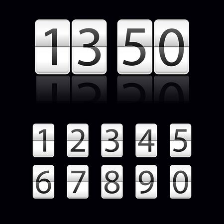 Vector realistic flip clock number font isolated on black. White Flip clock time template board arrival departure airport timetable. Mechanical font for your designのイラスト素材
