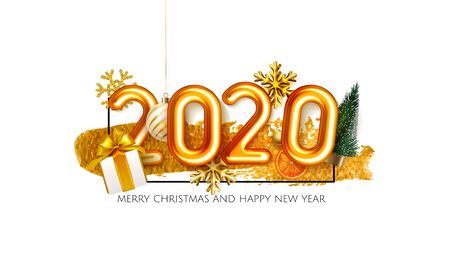 3d realistic isolated vector with golden gel balloon 2020, christmas balls, fir tree pine New Year's balloons isolated in gold brush paint splash, christmas, adsのイラスト素材