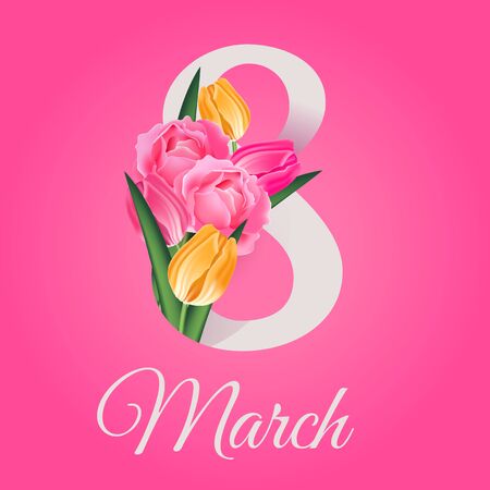 8 March, International Women's Day greeting card template with tulp, roses and spring flowers. Vector illustrationのイラスト素材