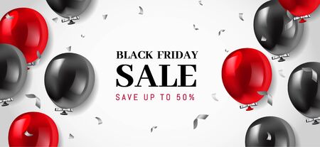 Black Friday Sale Poster or Web Banner. Glossy Black and Red Balloons on White Background. Vector illustrationのイラスト素材