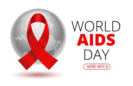 Vector Stock Illustration for World AIDS Day. 1st December World Aid Day Awareness poster with red ribbon and world map or planet Earth on white background.のイラスト素材