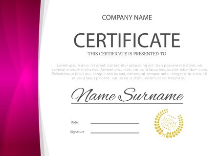 Modern pink or purple violet color certificate or diploma A4 horisontal template design vector illustration mock-up. EPS 10のイラスト素材
