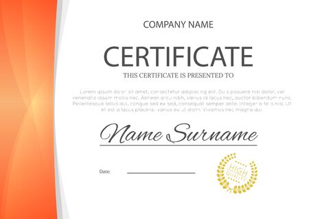 Modern ornage color certificate or diploma A4 horisontal template design vector illustration mock-up. EPS 10のイラスト素材