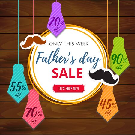Fathers Day sale offer. Colored tie and mustache man with lettering, isolated on dark wooden background template for promotion banner, ads, flyer, invitation, poster, brochure, discount . Vectorのイラスト素材