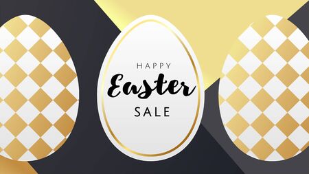 Happy Easter luxury banner background template with beautiful golden eggs with polka dot, rhombus seamless on black and gold geometric background. Happy Easter greeting card. Vectorのイラスト素材