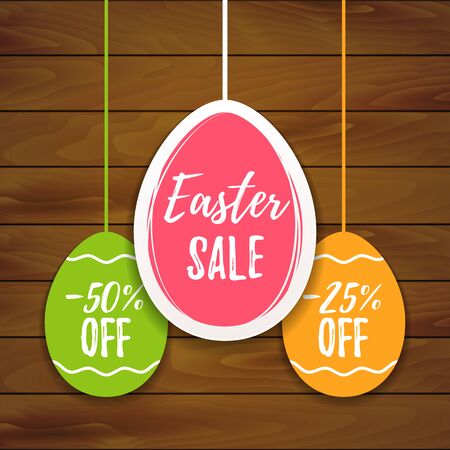 Easter sale offer, banner template. Colored eggs with lettering, isolated on wooden background. Easter paper eggs sale tags. Spring Shop market poster design. Vector illustrationのイラスト素材