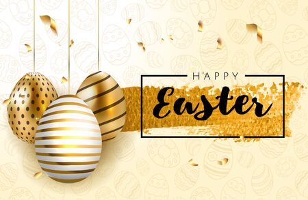 Happy Easter lettering background with realistic golden shine decorated eggs, confetti, golden brush splash. Vector illustration greeting card, ad, promotion, poster, flyer, web-banner, articleのイラスト素材