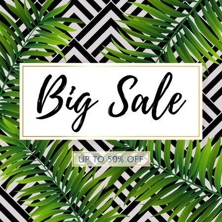 Vector Big Sale banner, poster with green geometric palm leaves, jungle. Beautiful floral tropical summer Web banner or poster for e-commerce, on-line cosmetics shop, fashion beauty shop, storeのイラスト素材