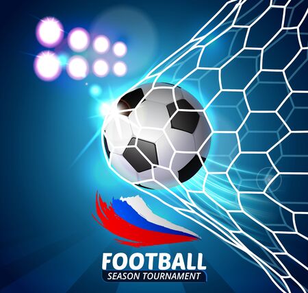Beautiful design template mock up football 2018 world championship season tournament soccer league. Vector Soccer Ball with football mesh, goal with brush ink russian flagのイラスト素材