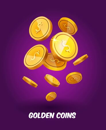 Vector Gold coins flying isolated on purple background in different positions with place for text. Falling coins, prize, cash winnings, lottery, poker slots background.のイラスト素材