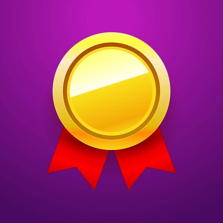 Golden Blank Medal Award with Red Ribbon. Vector cartoon style Achievement Icon design for game, ui, banner, design for app, interface, game development. Winner icon and items illustration.EPS 10のイラスト素材