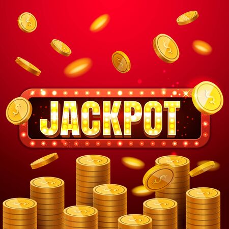 Jackpot casino banner, read more button. Red mobile slots Big win background template with flying coins, retro light bulb style, colored ads or splash screen for game. Vector illustration. EPS 10のイラスト素材