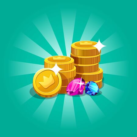 Cartoon gold coins with rhinestone. Vector illustrationのイラスト素材