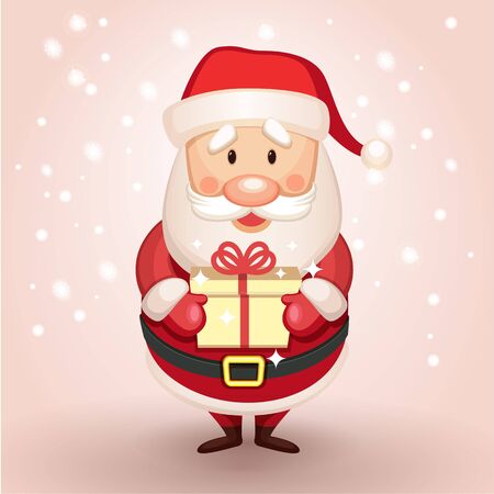 Cute Cartoon Santa Claus presents a gift, holding a gift in his hands. Christmas character perfect for children greeting card or christmas card. Vector illustration.のイラスト素材