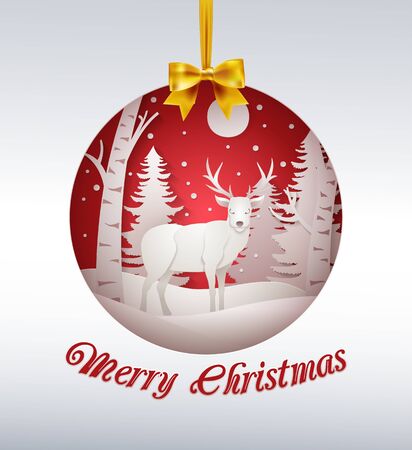 Paper cut Deer in forest with snow in the winter holiday season . Merry Christmas, Happy holidays . Vector stock paper art styleのイラスト素材