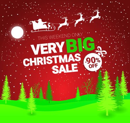 Big Christmas sale. Vector banner with Santa Claus and deers flying up the forest on the red background. Stocking element christmas decorations. Web banner or poster for e-commerce, on-line shop.のイラスト素材