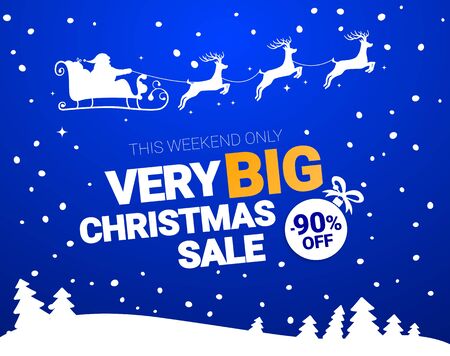 Big Christmas sale. Vector banner with Santa Claus and deers flying up the forest on the blue background. Stocking element christmas decorations. Web banner or poster for e-commerce, on-line shop. EPS 10のイラスト素材